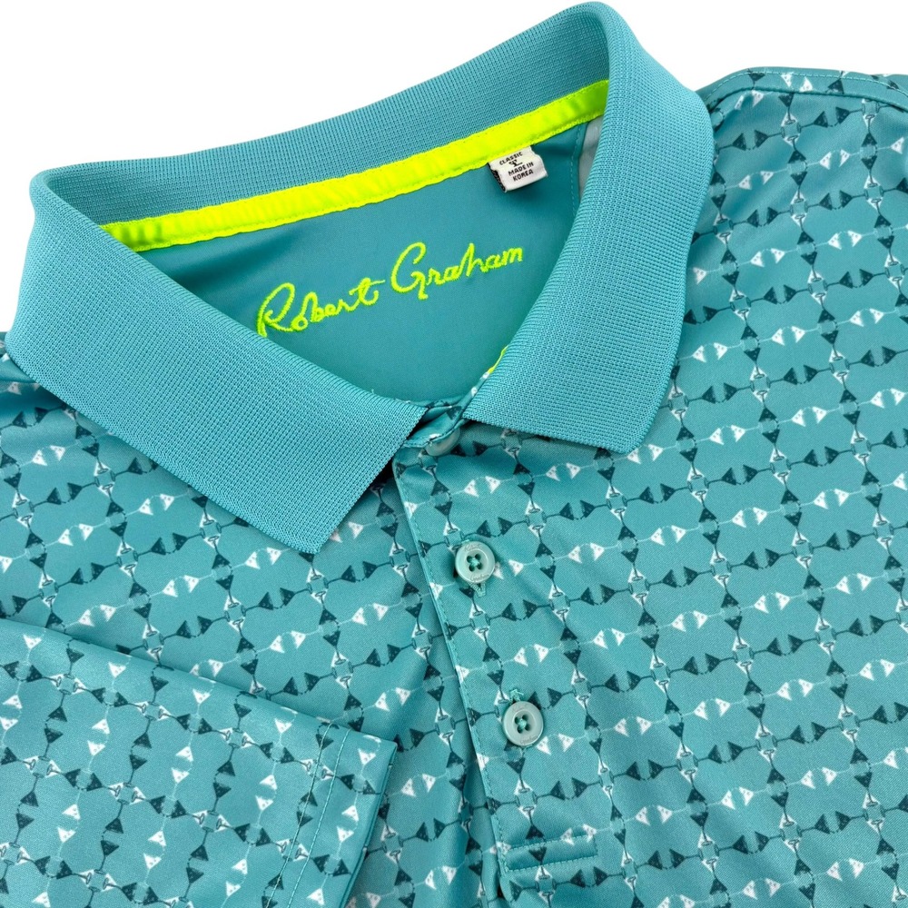 Robert Graham Mens Teal Geometric Triangle Print Performance Polo Shirt Large